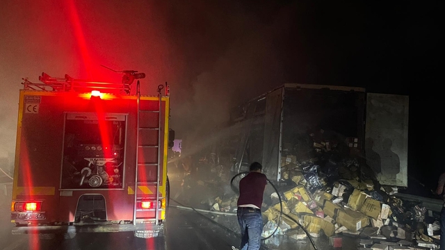 Erzincan'da kumaş ve kozmetik yüklü tır seyir halindeyken alev aldı