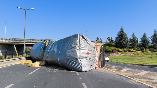 Düzce'de virajı alamayarak devrilen tır ulaşımı aksattı