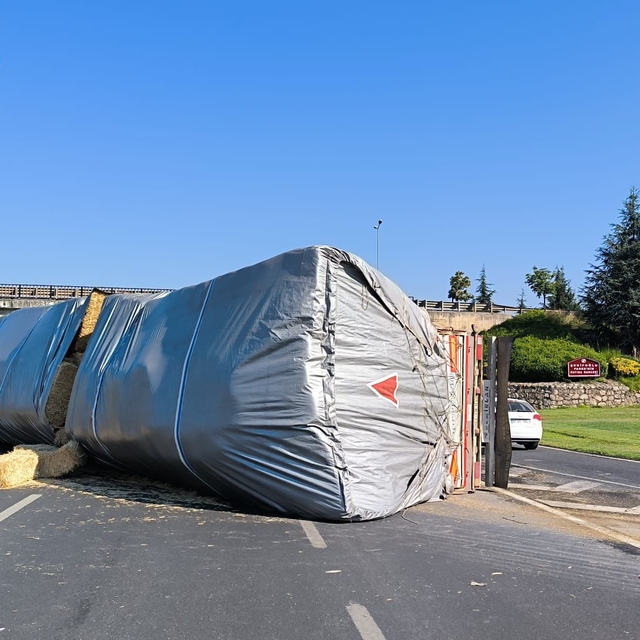 Düzce'de virajı alamayarak devrilen tır ulaşımı aksattı