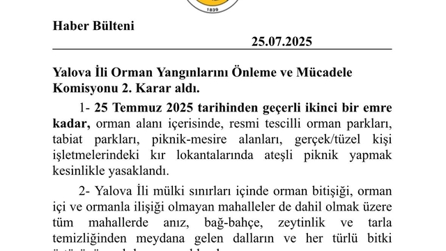 Yalova'da ormanlara girişler yasaklandı