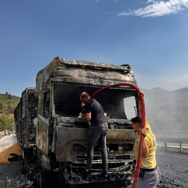 Burdur'da buğday yüklü tır yandı