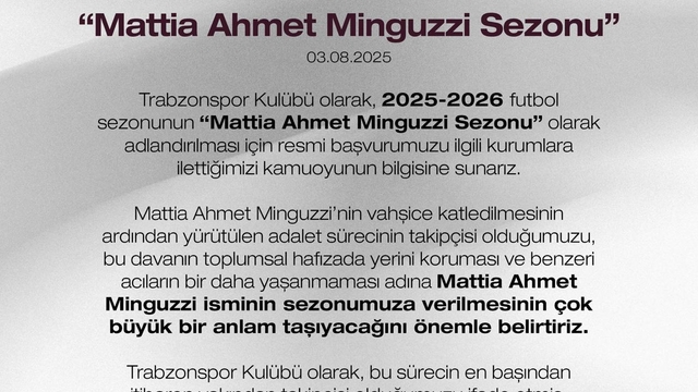 Trabzonspor'dan 'Mattia Ahmet Minguzzi Sezonu' başvurusu