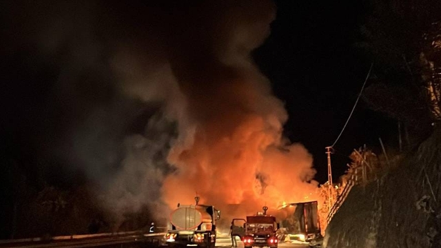 Giresun'da sebze yüklü tır yandı