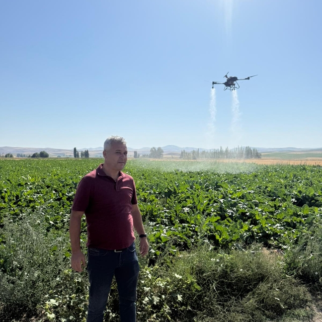Gemerek'te şeker pancarı ekili alanlarda dronla ilaçlama yapıldı