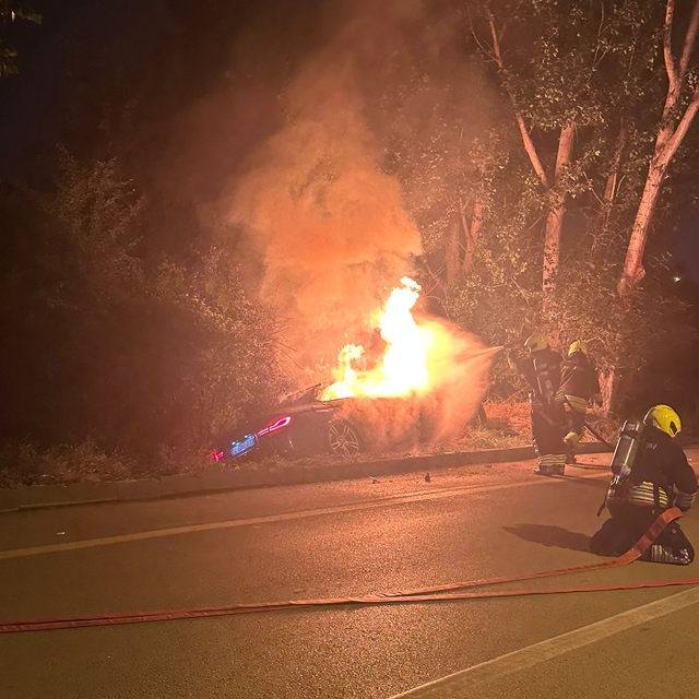 Yoldan çıkan otomobil alev aldı