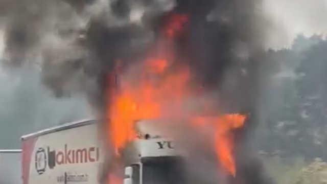 Seyir halindeyken alev alan TIR yandı