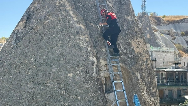 Peribacasında mahsur kalan kediyi itfaiye kurtardı