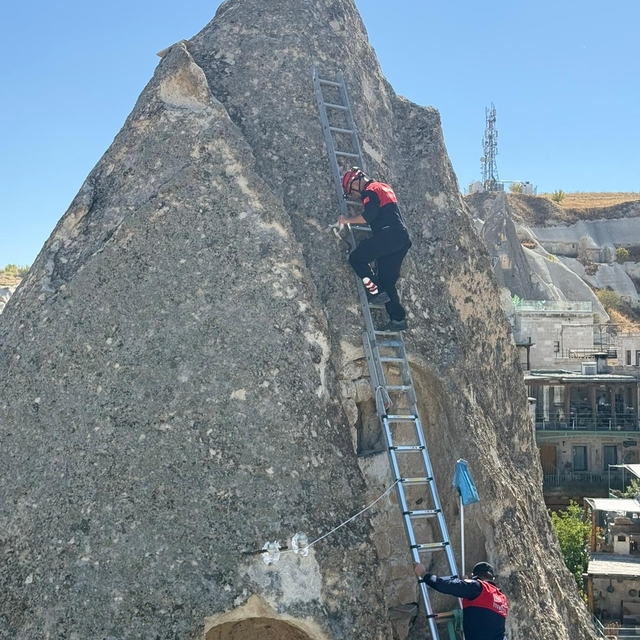 Peribacasında mahsur kalan kediyi itfaiye kurtardı