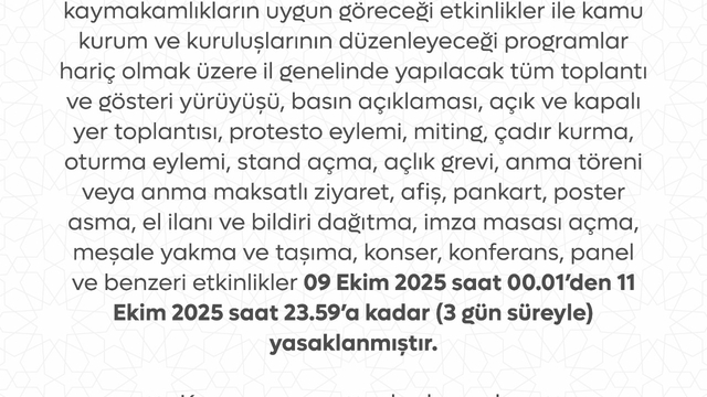 Tokat'ta 3 günlük gösteri ve eylem yasağı kararı