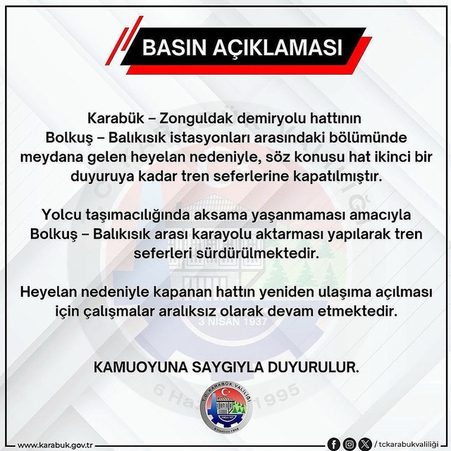 Karabük'te heyelan nedeniyle demir yolu hattı seferlere kapatıldı