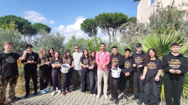 Okul bahçesinde öğrencilerden zeytin hasadı