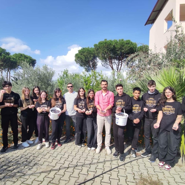 Okul bahçesinde öğrencilerden zeytin hasadı