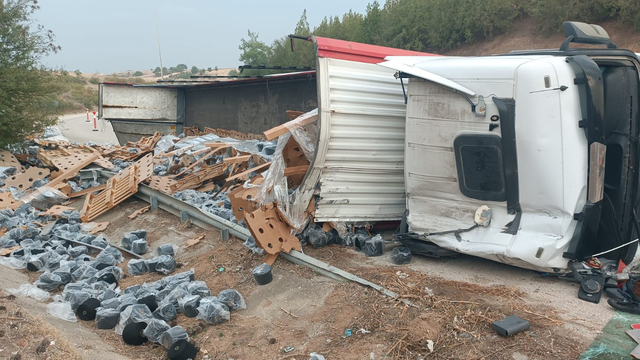 Adana'da devrilen tırın sürücüsü yaralandı