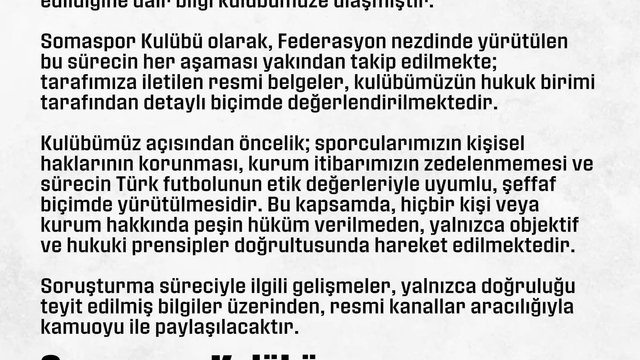 Somaspor'dan, PFDK'ya sevk edilen futbolcularıyla ilgili açıklama