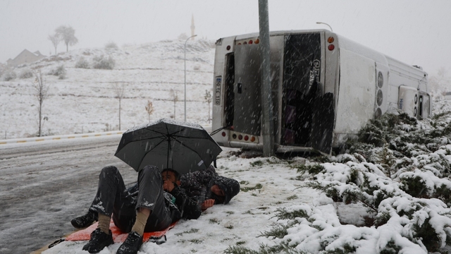 Kaza sonrası sağlık ekiplerini şemsiye ile yatarak bekledi
Nevşehir'de işçi servisi takla attı: 14 yaralı