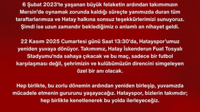 Hatayspor yuvaya dönüyor