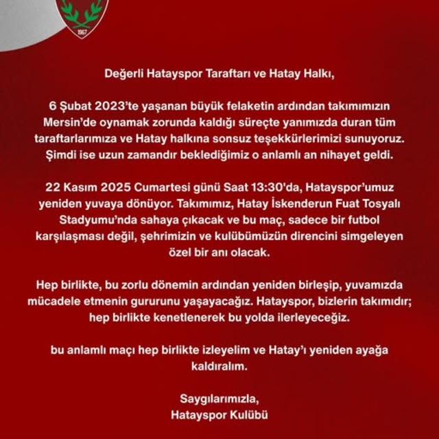 Hatayspor yuvaya dönüyor
