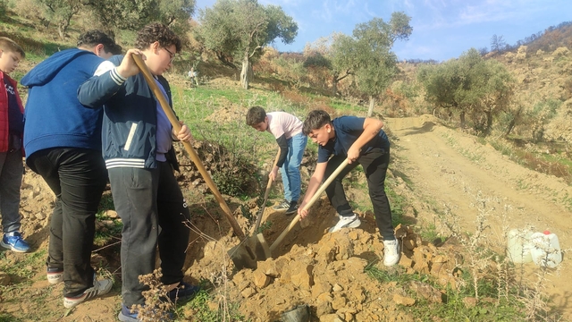 Ödemiş'te öğrenciler harçlıklarıyla aldıkları fidanları toprakla buluşturdu