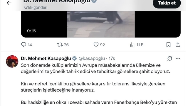 Sırp taraftarların ırkçı pankartına Kasapoğlu'ndan sert tepki