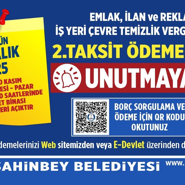 Şahinbey Belediyesi'nden vergi borcu hatırlatması: Son gün 1 Aralık