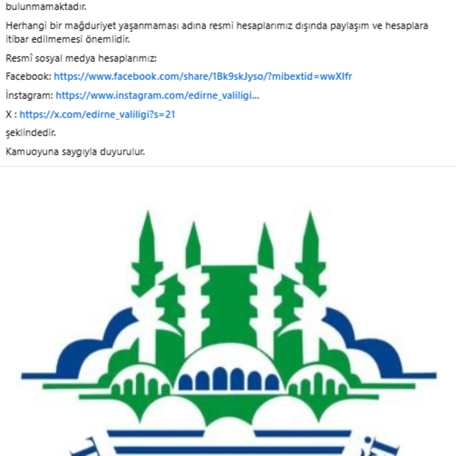 Edirne Valiliği'nden sahte sosyal medya hesabı uyarısı