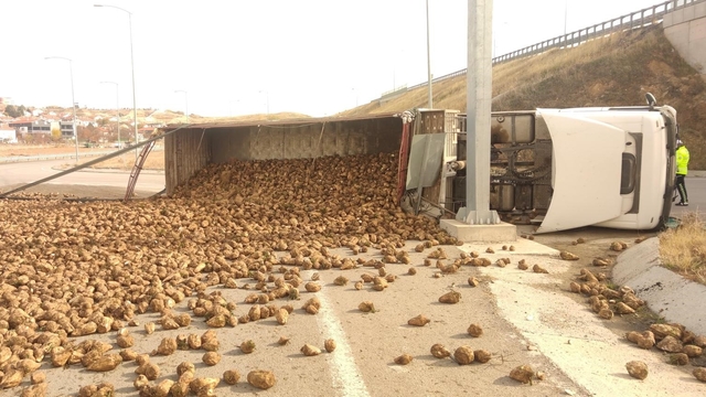 Pancar yüklü kamyon devrildi
