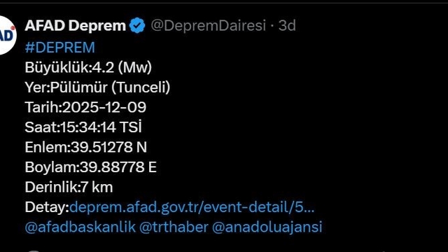 Tunceli'de 4.2 büyüklüğünde deprem