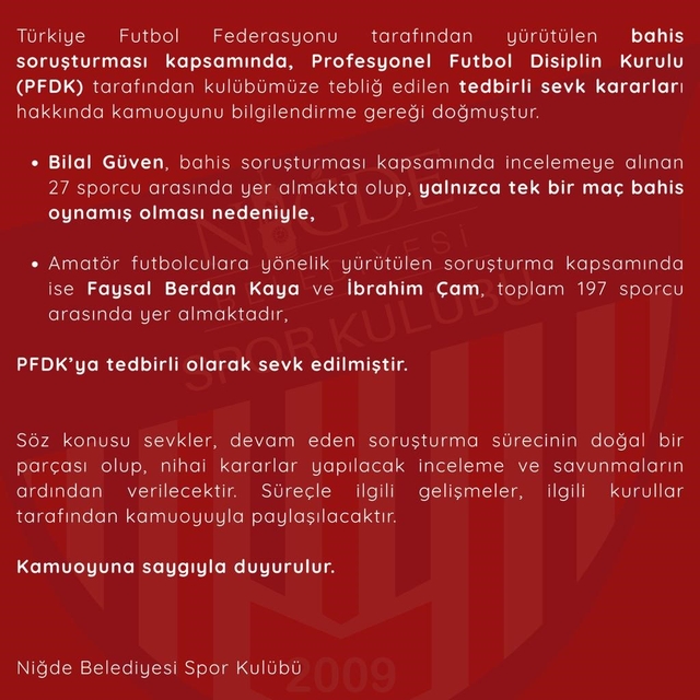 Niğde Belediyespor'dan futbolcularla ilgili bahis soruşturmasına ilişkin aç...