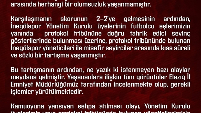 Elazığspor'dan olaylara ilişkin açıklama