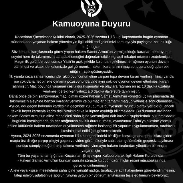 Kocasinan Şimşekspor'dan sert açıklama: "Bu hakemi maçlarımıza istemiyoruz"