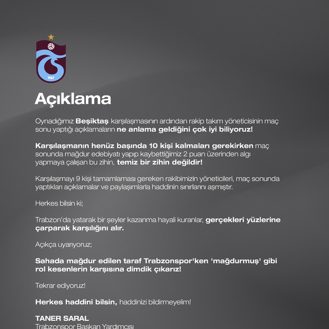 Trabzonspor Başkan Yardımcısı Saral: Herkes haddini bilsin