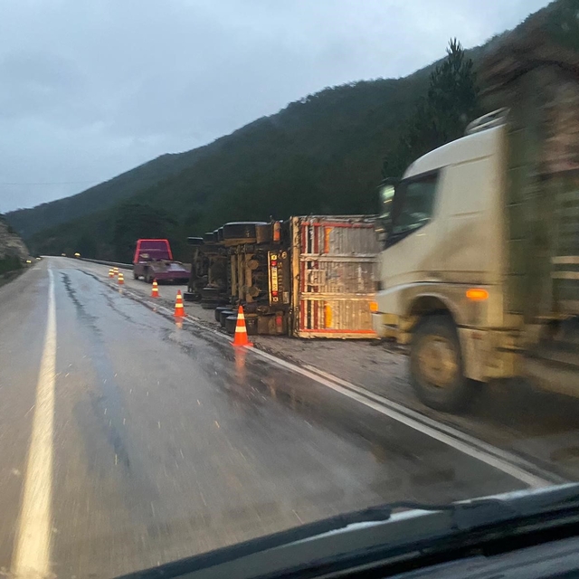 Bolu'da odun yüklü tır devrildi