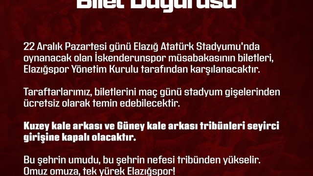 Elazığspor yönetimi, İskenderunspor maçının biletlerini ücretsiz dağıtacak