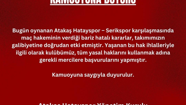 Atakaş Hatayspor'dan hakem kararlarına tepki