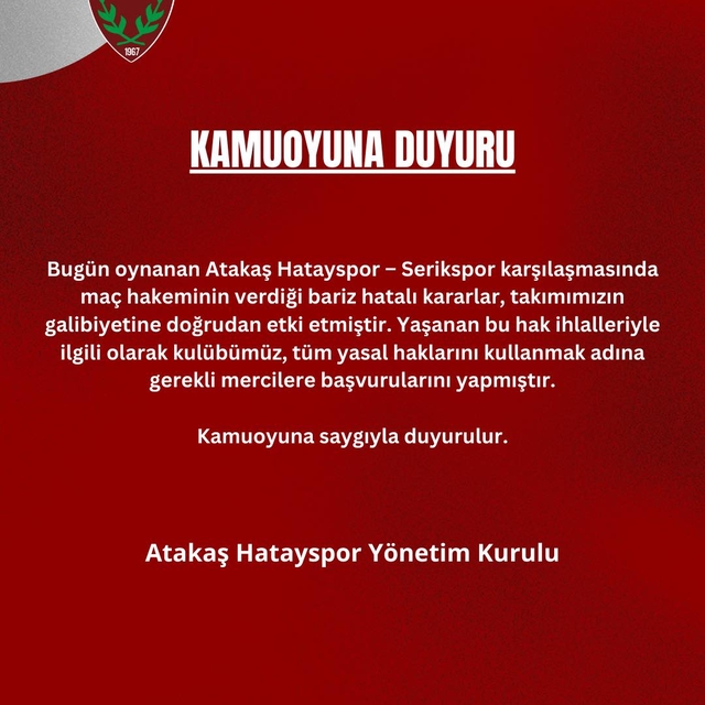 Atakaş Hatayspor'dan hakem kararlarına tepki