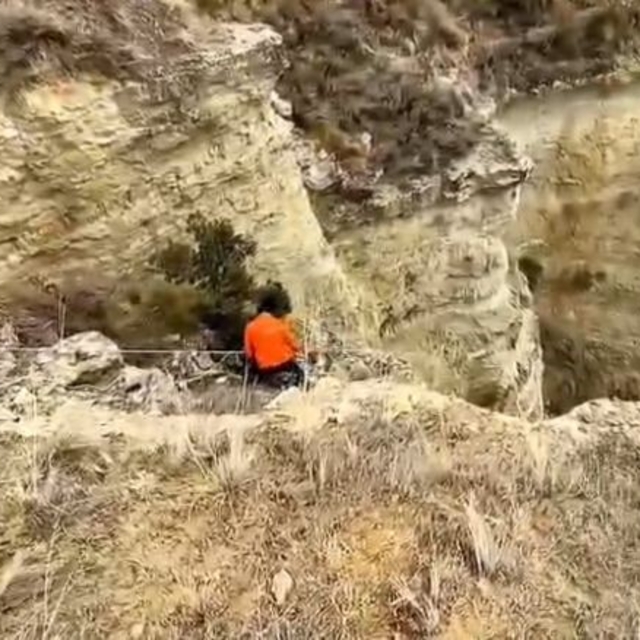 Uçurumda mahsur kalan köpeklerini halatla inerek kendi imkanlarıyla kurtard...