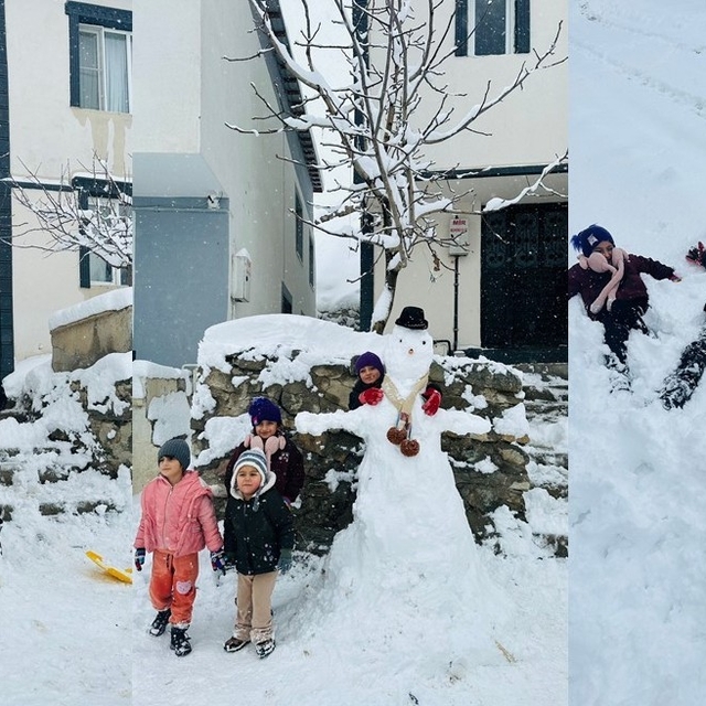 Hakkarili çocukların kardan adam sevinci