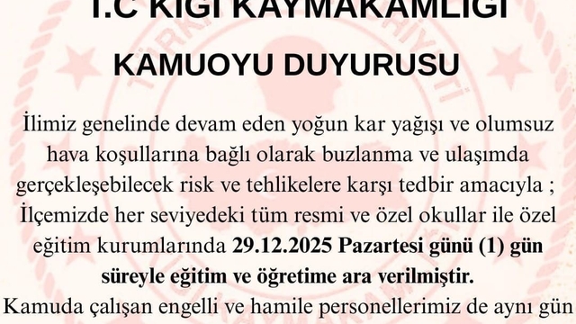 Bingöl'ün 2 ilçesinde eğitime 1 gün ara verildi