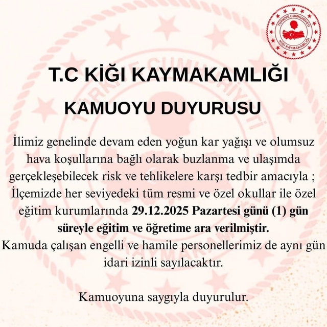 Bingöl'ün 2 ilçesinde eğitime 1 gün ara verildi