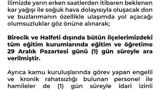 Şanlıurfa'da eğitime kar tatili
