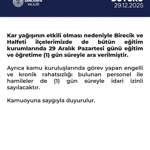 Halfeti ve Birecik'te de okullar tatil edildi