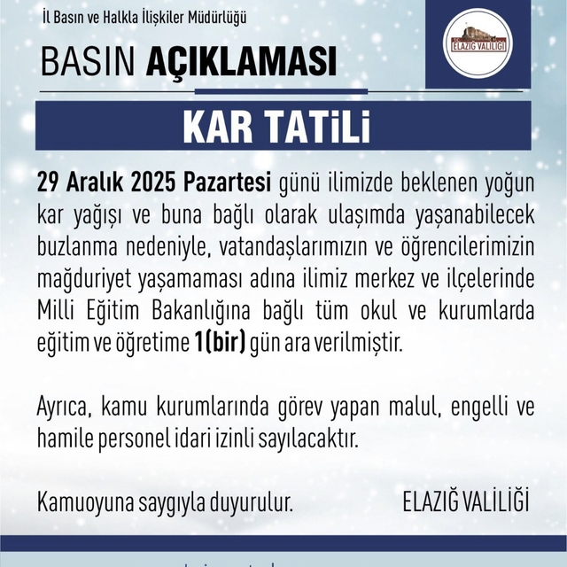 Elazığ'da eğitim-öğretime 1 gün ara verildi