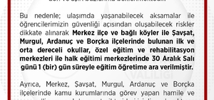 Artvin merkez ve 4 ilçede kar nedeniyle eğitime 1 gün ara verildi