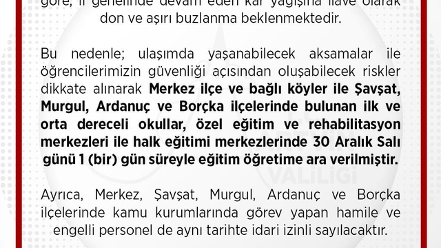 Artvin merkez ve 4 ilçede kar nedeniyle eğitime 1 gün ara verildi