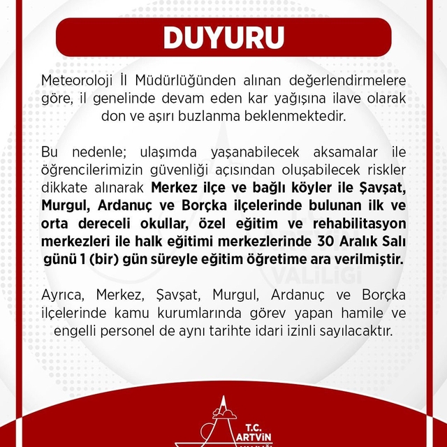 Artvin merkez ve 4 ilçede kar nedeniyle eğitime 1 gün ara verildi