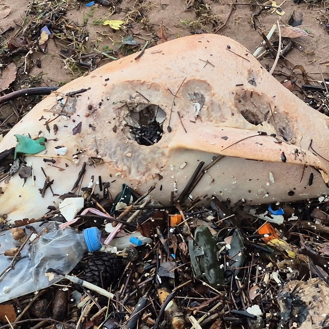 Dev dalgalar, ölü yunus balığının kalıntılarını sahile sürükledi