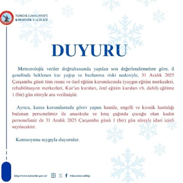 Kırşehir'de okullar tatil edildi