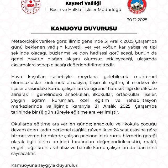 Kayseri'de eğitime 1 gün ara verildi