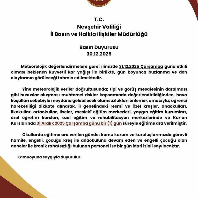 Nevşehir'de eğitime 'kar' engeli