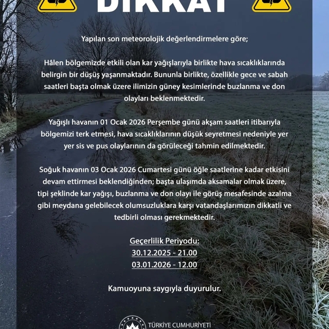 Bursa Valiliği'nden buzlanma ve don uyarısı